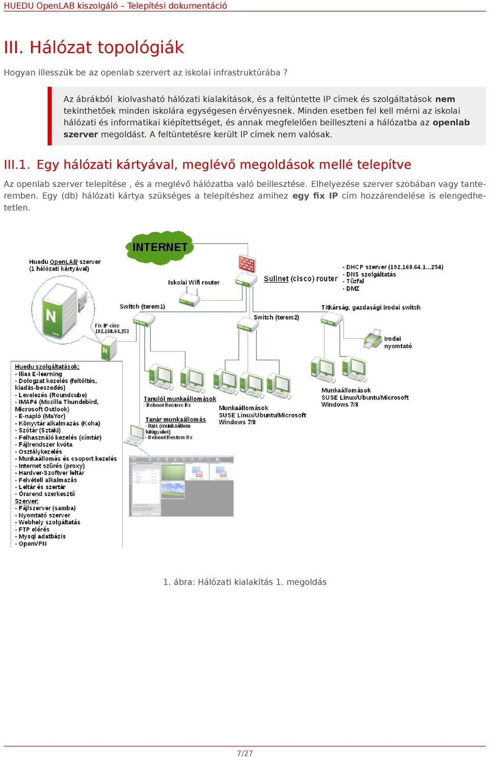 Minden esetben fel kell mérni az iskolai hálózati és informatikai kiépítettséget, és annak megfelelően beilleszteni a hálózatba az openlab szerver megoldást.