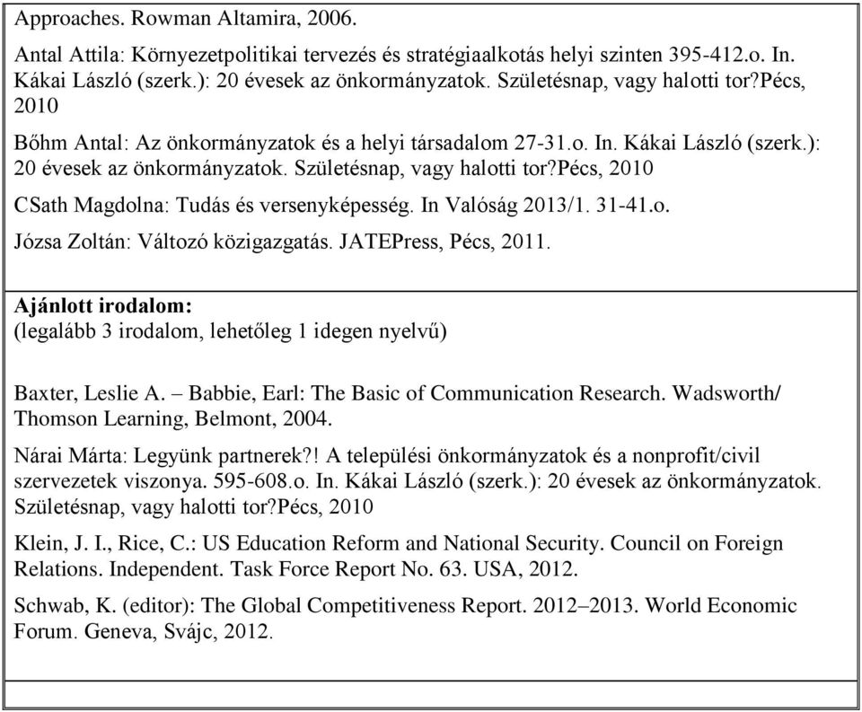 pécs, 2010 CSath Magdolna: Tudás és versenyképesség. In Valóság 2013/1. 31-41.o. Józsa Zoltán: Változó közigazgatás. JATEPress, Pécs, 2011.