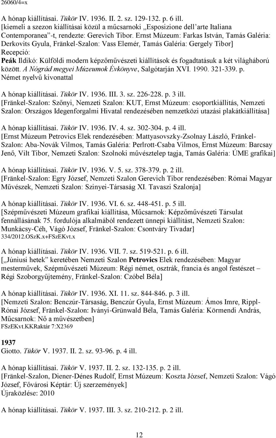 fogadtatásuk a két világháború között. A Nógrád megyei Múzeumok Évkönyve, Salgótarján XVI. 1990. 321-339. p. Német nyelvű kivonattal A hónap kiállításai. Tükör IV. 1936. III. 3. sz. 226-228. p. 3 ill.