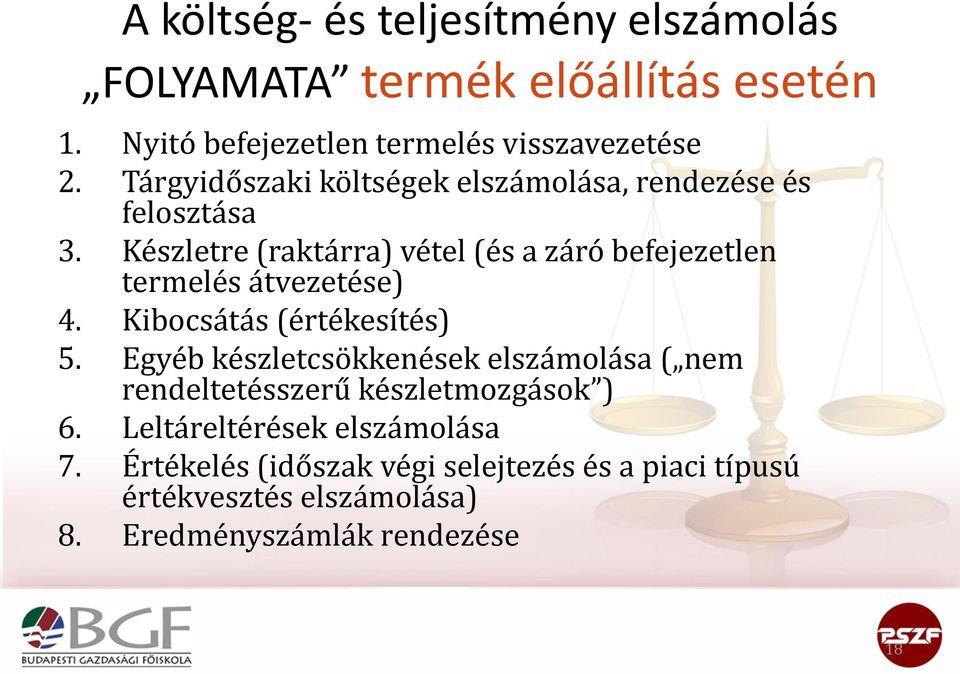 Készletre (raktárra) vétel (és a záró befejezetlen termelés átvezetése) 4. Kibocsátás (értékesítés) 5.