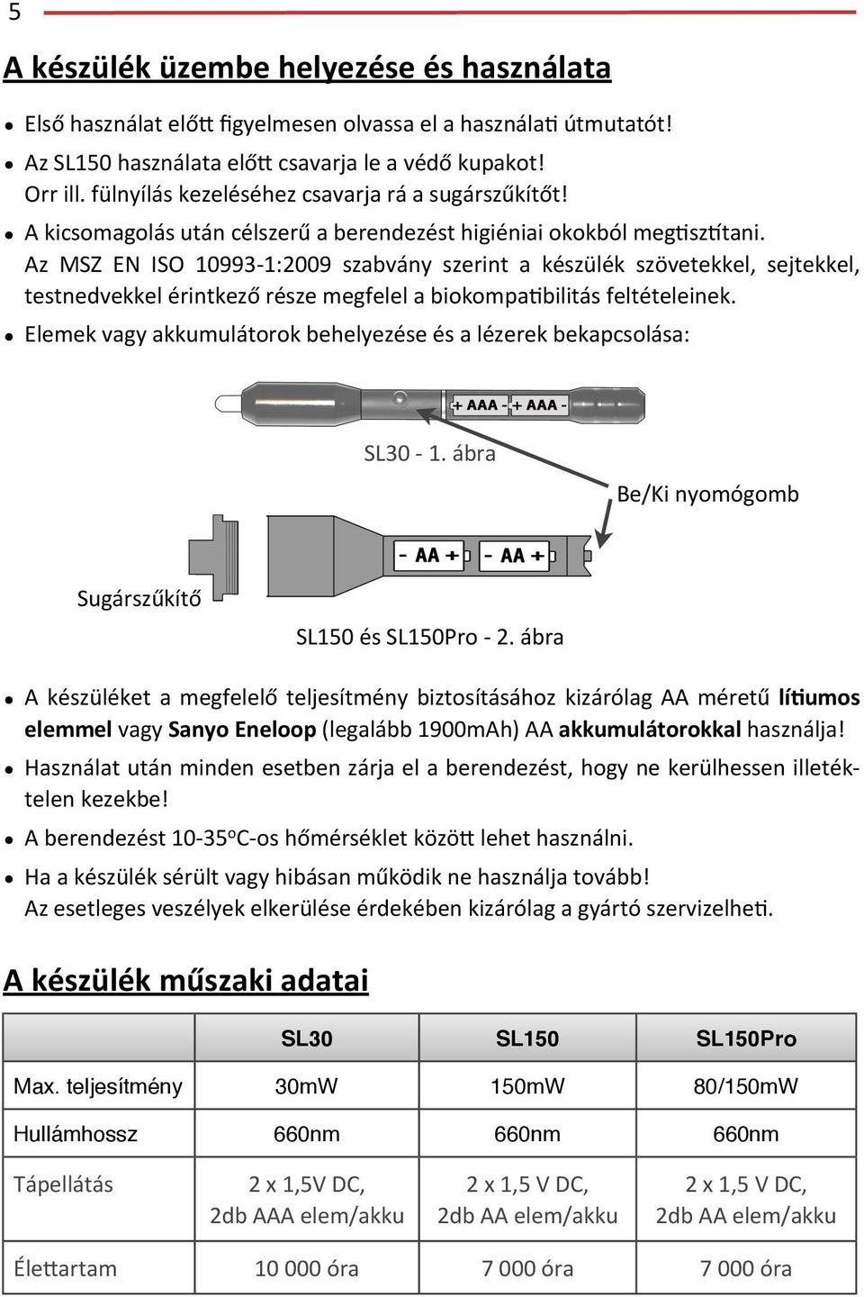 testnedvekkel!érintkező!része!megfelel!a!biokompaibilitás!feltételeinek. Elemek!vagy!akkumulátorok!behelyezése!és!a!lézerek!bekapcsolása: SL30!g!1.!ábra! Be/Ki!nyomógomb Sugárszűkítő SL150!és!SL150Pro!