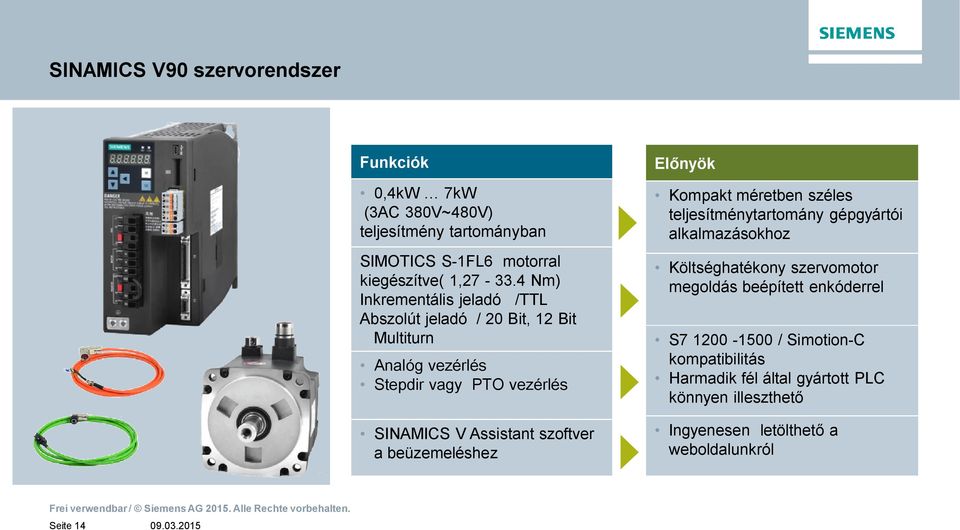 beüzemeléshez Elnyök Kompakt méretben széles teljesítménytartomány gépgyártói alkalmazásokhoz Költséghatékony szervomotor megoldás beépített enkóderrel S7