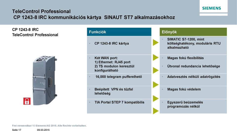 fokú flexibilitás Útvonal redundancia lehetsége 6,000 telegram pufferelhet Adatvesztés nélküli adatrögzítés Beépített VPN és tzfal lehetség Magas fokú