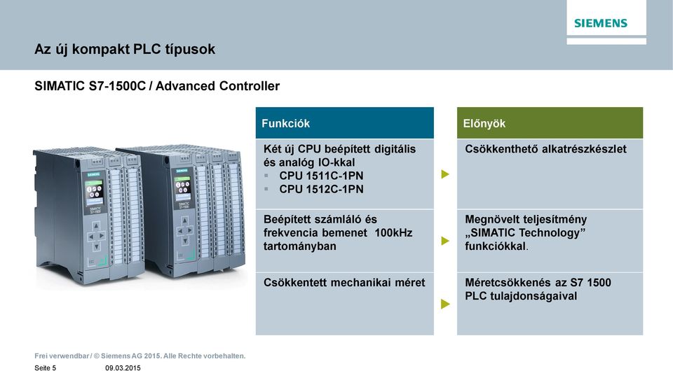 00kHz tartományban Megnövelt teljesítmény SIMATIC Technology funkciókkal.