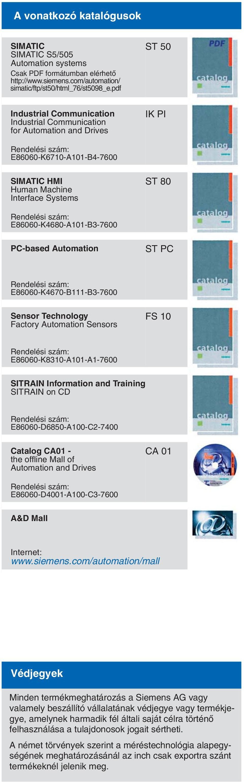 E86060-K4680-A101-B3-7600 PC-based Automation ST PC Rendelési szám: E86060-K4670-B111-B3-7600 Sensor Technology Factory Automation Sensors FS 10 Rendelési szám: E86060-K8310-A101-A1-7600 SITRAIN