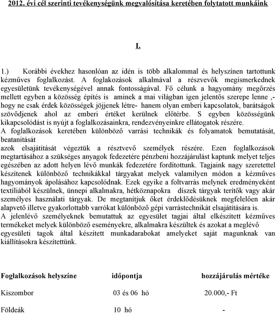 Fő célunk a hagyomány megőrzés mellett egyben a közösség építés is aminek a mai világban igen jelentős szerepe lenne,- hogy ne csak érdek közösségek jöjjenek létre- hanem olyan emberi kapcsolatok,