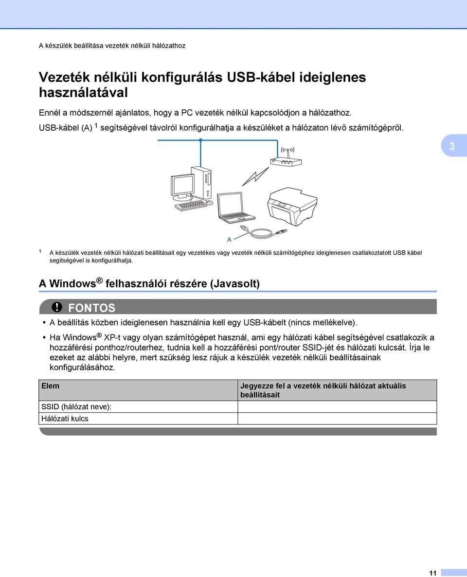 3 A 1 A készülék vezeték nélküli hálózati beállításait egy vezetékes vagy vezeték nélküli számítógéphez ideiglenesen csatlakoztatott USB kábel segítségével is konfigurálhatja.