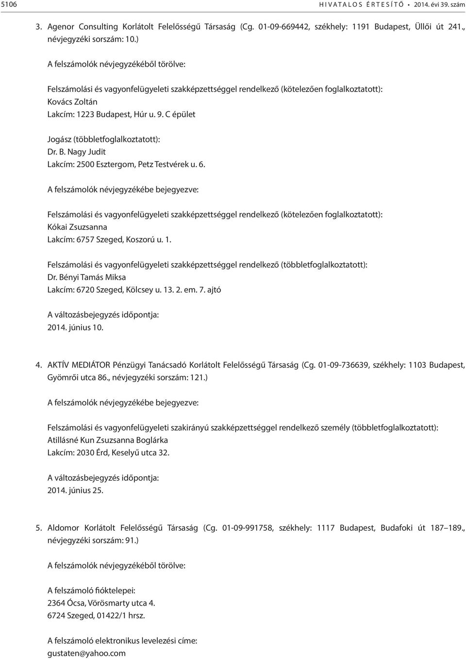 6. Felszámolási és vagyonfelügyeleti szakképzettséggel rendelkező (kötelezően foglalkoztatott): Kókai Zsuzsanna Lakcím: 6757 Szeged, Koszorú u. 1.