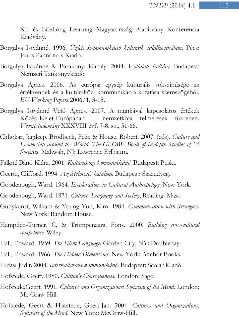 Az európai egység kulturális sokszínűsége az értékrendek és a kultúraközi kommunikáció kutatása szemszögéből. EU Working Papers 2006/1, 3-15. Borgulya Istvánné Vető Ágnes. 2007.