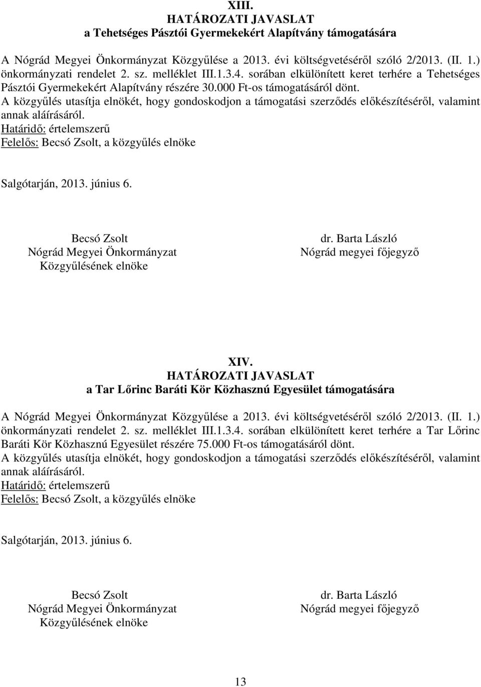 a Tar Lőrinc Baráti Kör Közhasznú Egyesület támogatására A Közgyűlése a 2013. évi költségvetéséről szóló 2/2013. (II. 1.) önkormányzati rendelet 2. sz. melléklet III.