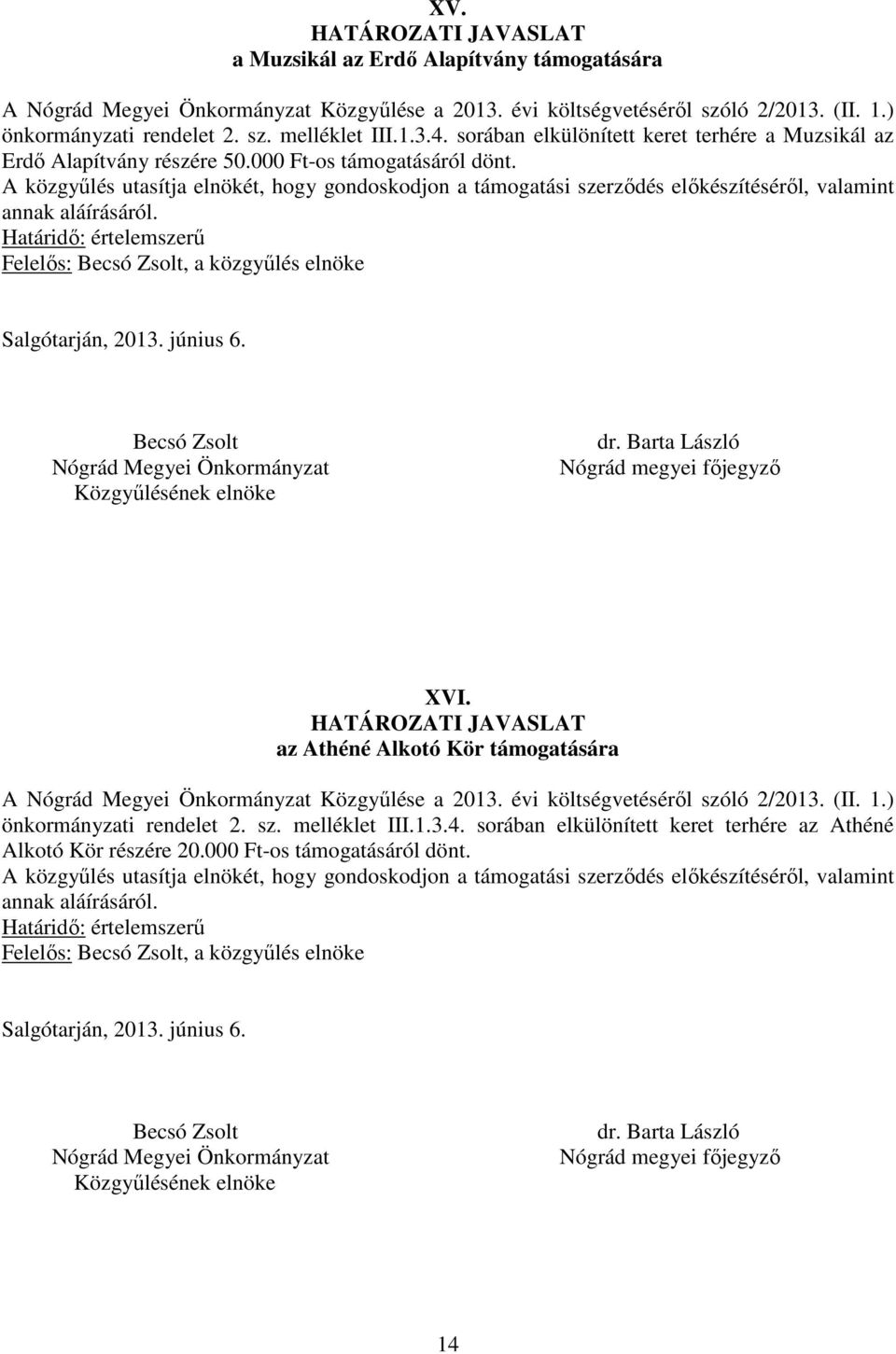 az Athéné Alkotó Kör támogatására A Közgyűlése a 2013. évi költségvetéséről szóló 2/2013. (II. 1.) önkormányzati rendelet 2. sz. melléklet III.1.3.4.