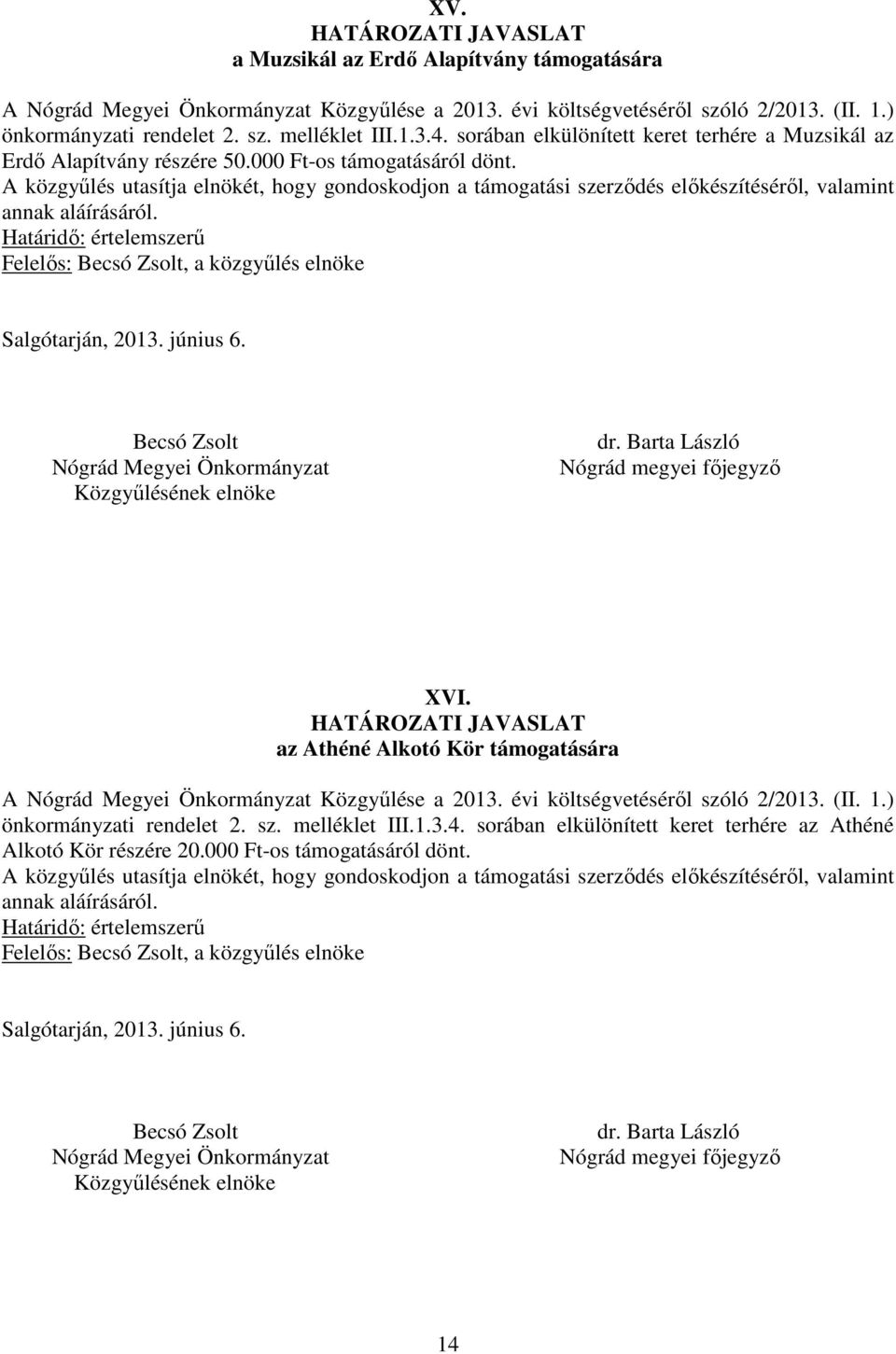 az Athéné Alkotó Kör támogatására A Közgyűlése a 2013. évi költségvetéséről szóló 2/2013. (II. 1.) önkormányzati rendelet 2. sz. melléklet III.1.3.4.