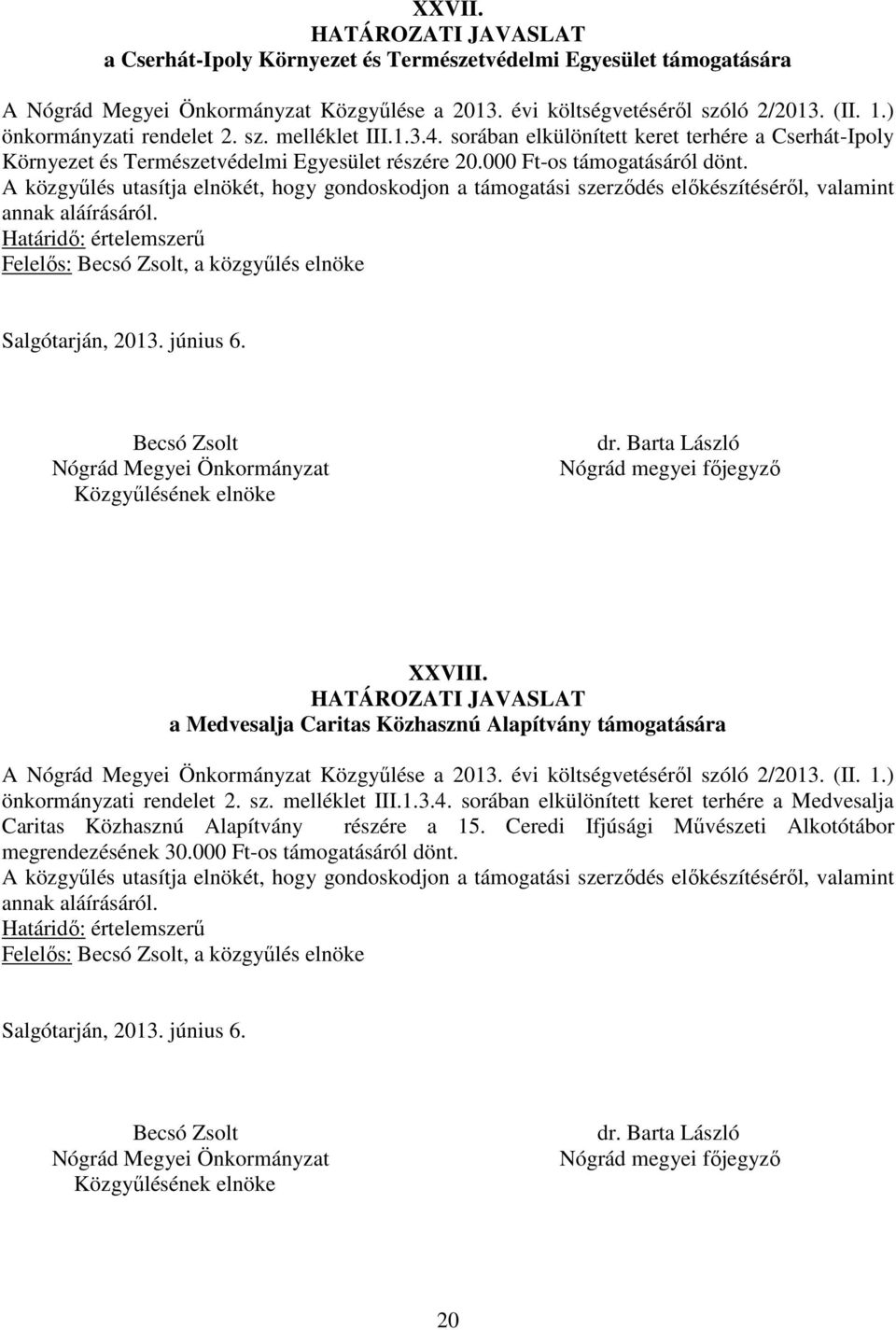 a Medvesalja Caritas Közhasznú Alapítvány támogatására A Közgyűlése a 2013. évi költségvetéséről szóló 2/2013. (II. 1.) önkormányzati rendelet 2. sz. melléklet III.1.3.4.