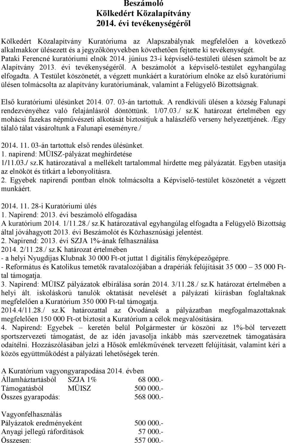 Pataki Ferencné kuratóriumi elnök 2014. június 23-i képviselő-testületi ülésen számolt be az Alapítvány 2013. évi tevékenységéről. A beszámolót a képviselő-testület egyhangúlag elfogadta.