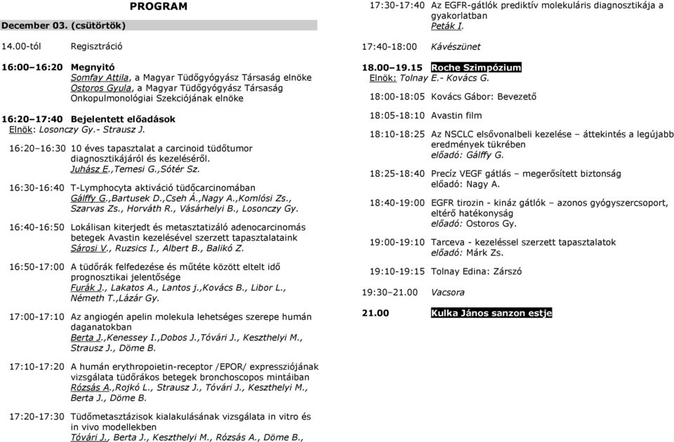 elnöke 16:20 17:40 Bejelentett előadások Elnök: Losonczy Gy.- Strausz J. 16:20 16:30 10 éves tapasztalat a carcinoid tüdőtumor diagnosztikájáról és kezeléséről. Juhász E.,Temesi G.,Sótér Sz.