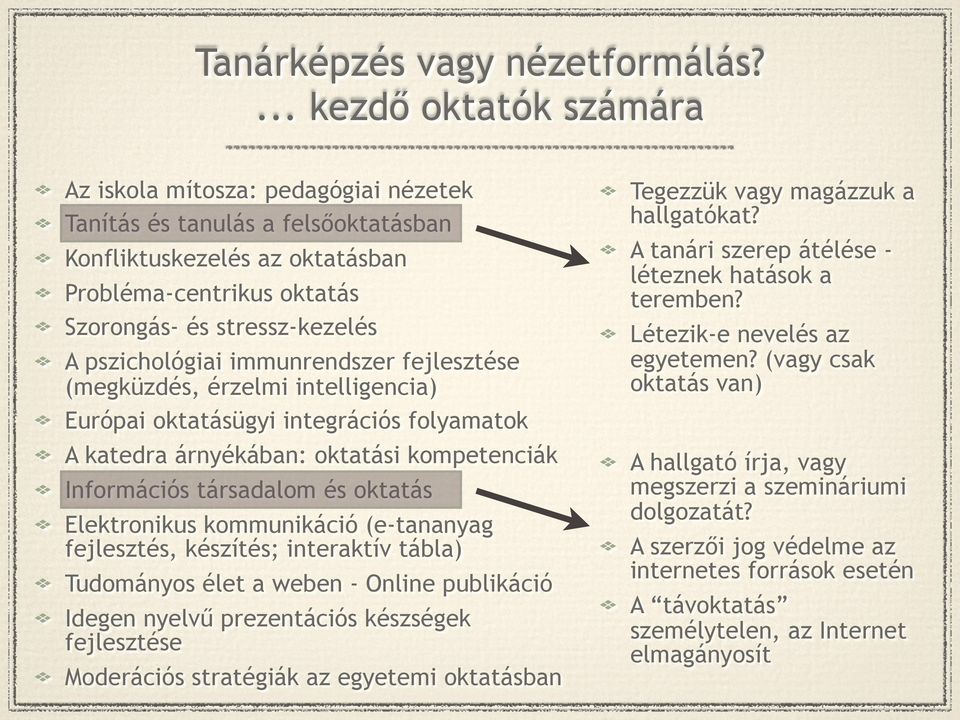 pszichológiai immunrendszer fejlesztése (megküzdés, érzelmi intelligencia) Európai oktatásügyi integrációs folyamatok A katedra árnyékában: oktatási kompetenciák Információs társadalom és oktatás