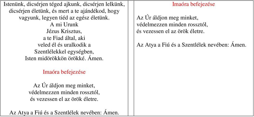 Imaóra befejezése Az Úr áldjon meg minket, védelmezzen minden rossztól, és vezessen el az örök életre.