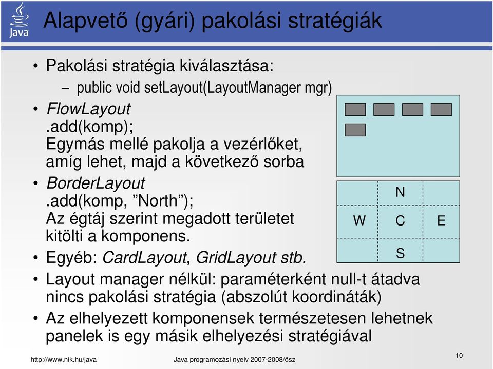 add(komp, North ); Az égtáj szerint megadott területet W C kitölti a komponens. Egyéb: CardLayout, GridLayout stb.