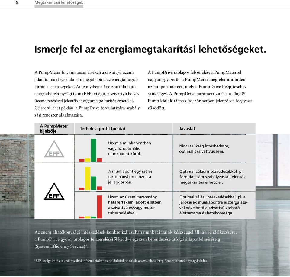 Amennyiben a kijelzőn található energiahatékonysági ikon (EFF) világít, a szivattyú helyes üzemeltetésével jelentős energiamegtakarítás érhető el.