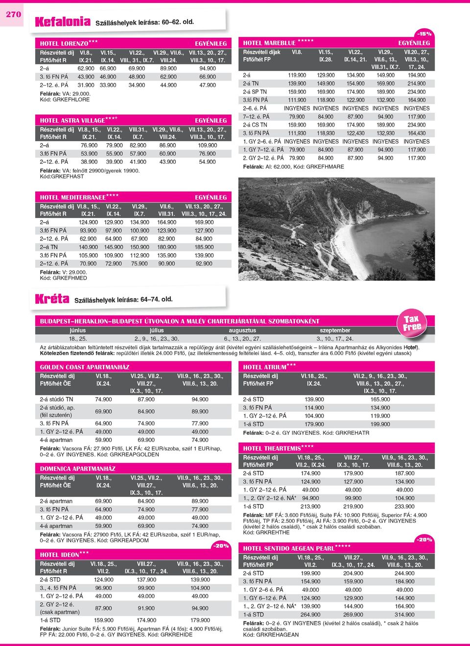 Kód: GRKEFHLORE HOTEL ASTRA VILLAGE + Részvételi díj VI.8., 15., VI.22., VIII.31., VI.29., VII.6., VII.13., 20., 27., Ft/fô/hét R IX.21. IX.14. IX.7. VIII.24. VIII.3., 10., 17. 2 á 76.900 79.900 82.