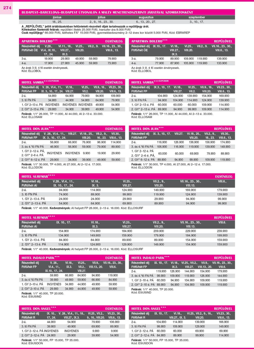 000 Ft/fô, kéthetes FÁ* 15.000 Ft/fô, gyermekkedvezmény 2 12 éves kor között 5.000 Ft/fô, Kód: EBRAREP APARTMAN BOLERO Részvételi díj V.28., VI.11., 18., VI.25., VII.2., 9. VII.16., 23., 30.
