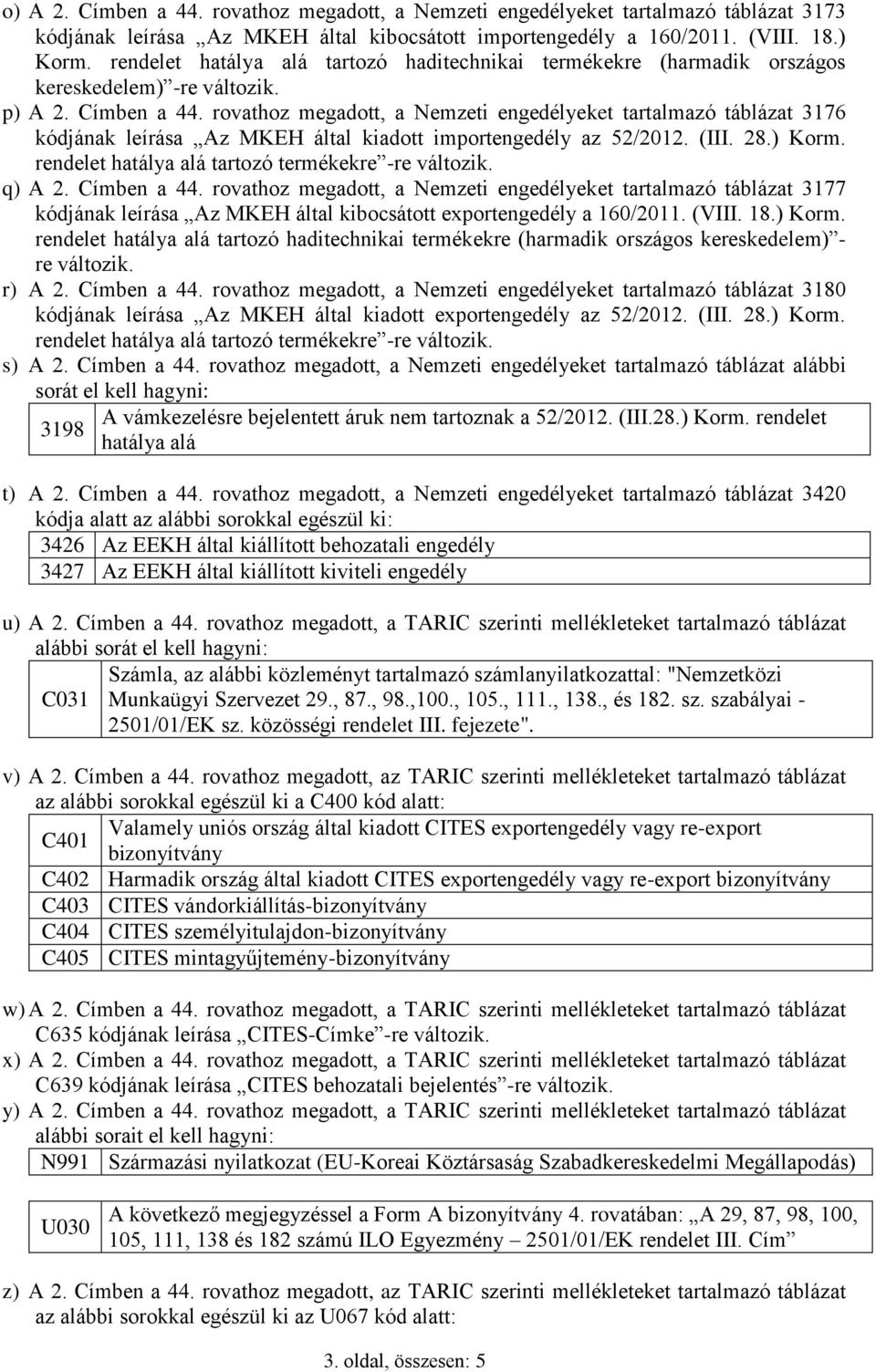 rovathoz megadott, a Nemzeti engedélyeket tartalmazó táblázat 3176 kódjának leírása Az MKEH által kiadott importengedély az 52/2012. (III. 28.) Korm.