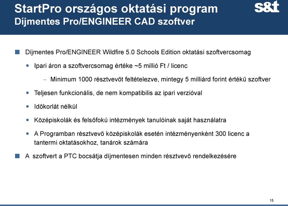 milliárd forint értékű szoftver Teljesen funkcionális, de nem kompatibilis az ipari verzióval Időkorlát nélkül Középiskolák és felsőfokú intézmények