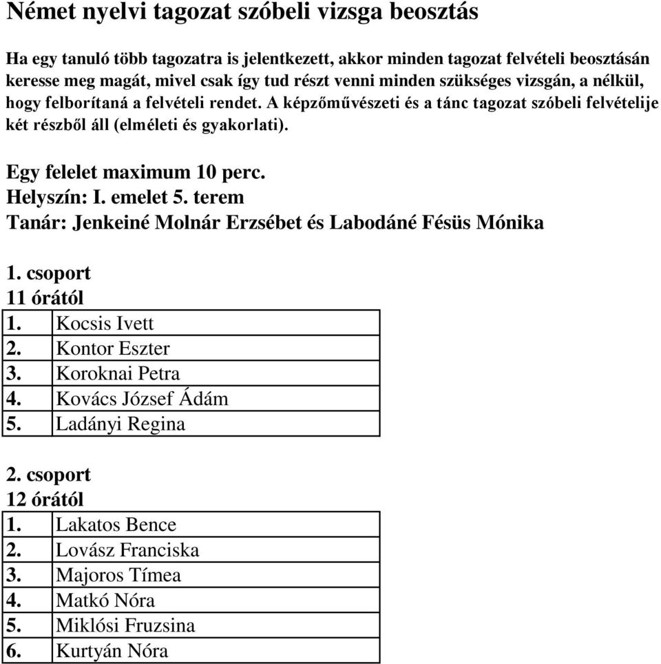 A képzőművészeti és a tánc tagozat szóbeli felvételije két részből áll (elméleti és gyakorlati). Helyszín: I. emelet 5.