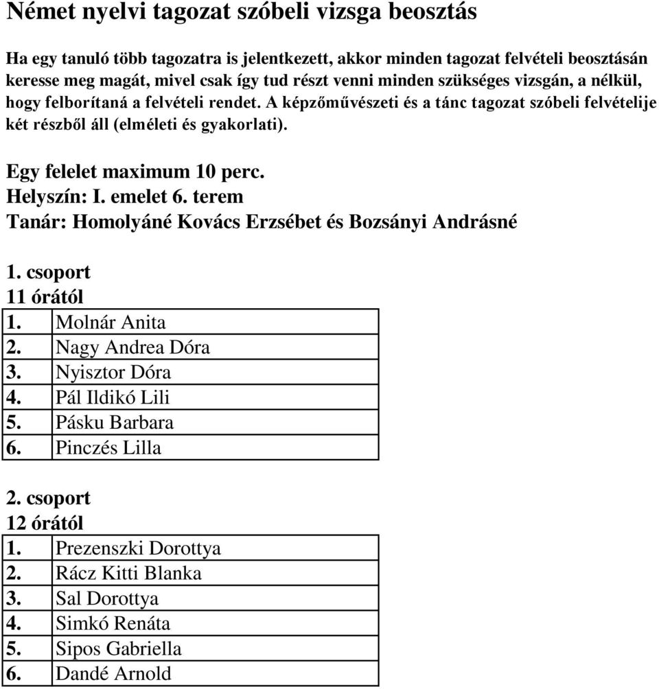 A képzőművészeti és a tánc tagozat szóbeli felvételije két részből áll (elméleti és gyakorlati). Helyszín: I. emelet 6.