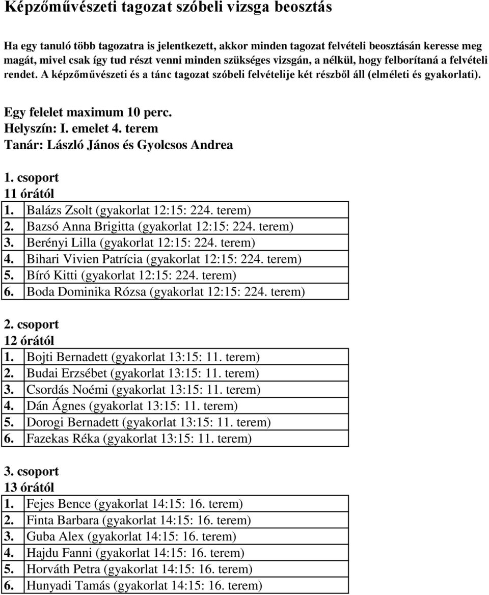 terem Tanár: László János és Gyolcsos Andrea 1. Balázs Zsolt (gyakorlat 12:15: 224. terem) 2. Bazsó Anna Brigitta (gyakorlat 12:15: 224. terem) 3. Berényi Lilla (gyakorlat 12:15: 224. terem) 4.