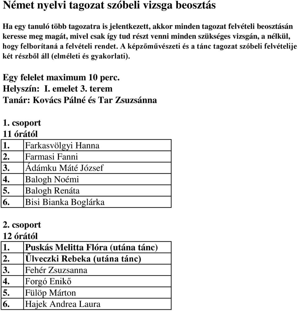 A képzőművészeti és a tánc tagozat szóbeli felvételije két részből áll (elméleti és gyakorlati). Helyszín: I. emelet 3. terem Tanár: Kovács Pálné és Tar Zsuzsánna 1.