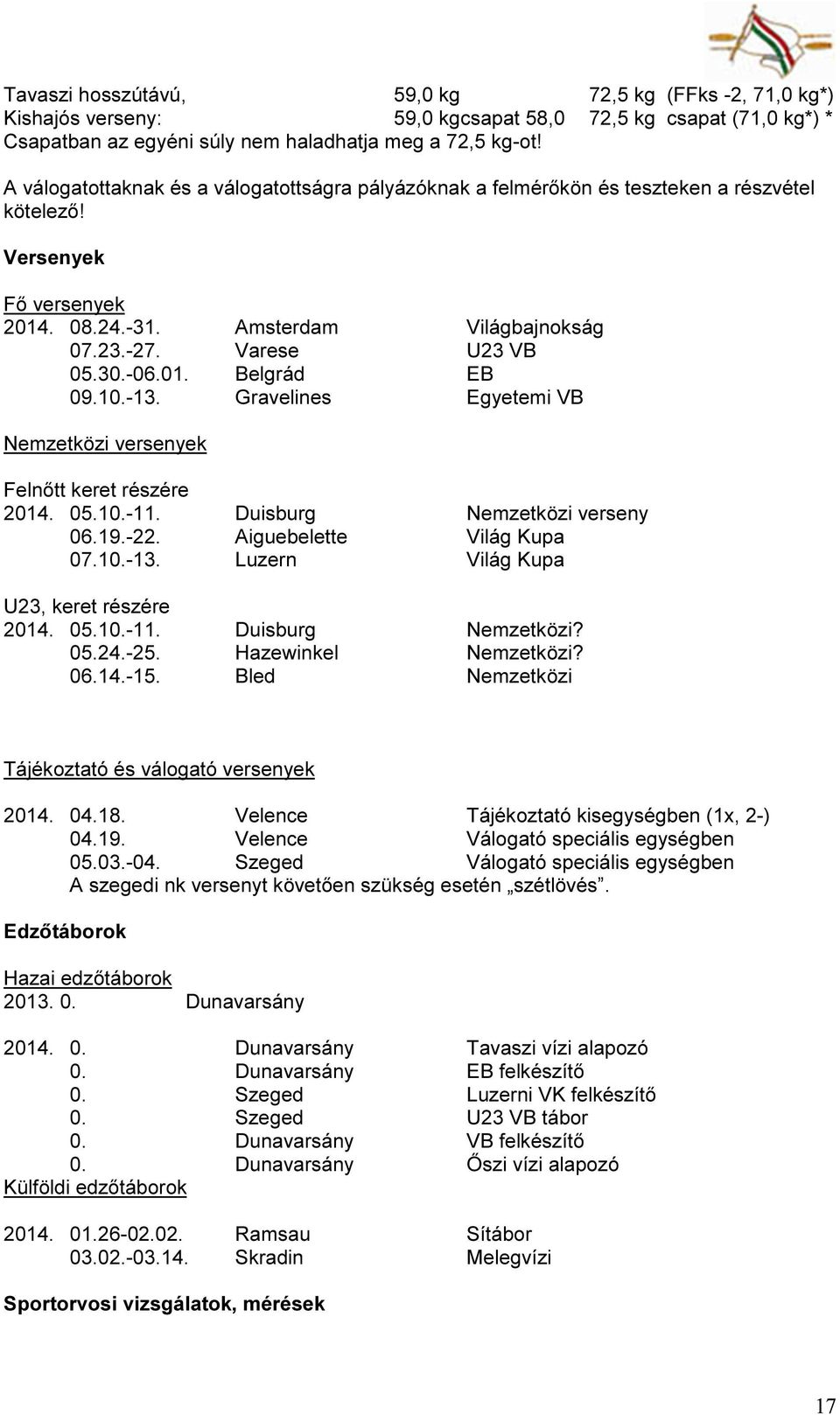 01. Belgrád EB 09.10.-13. Gravelines Egyetemi VB Nemzetközi versenyek Felnőtt keret részére 2014. 05.10.-11. Duisburg Nemzetközi verseny 06.19.-22. Aiguebelette Világ Kupa 07.10.-13. Luzern Világ Kupa U23, keret részére 2014.