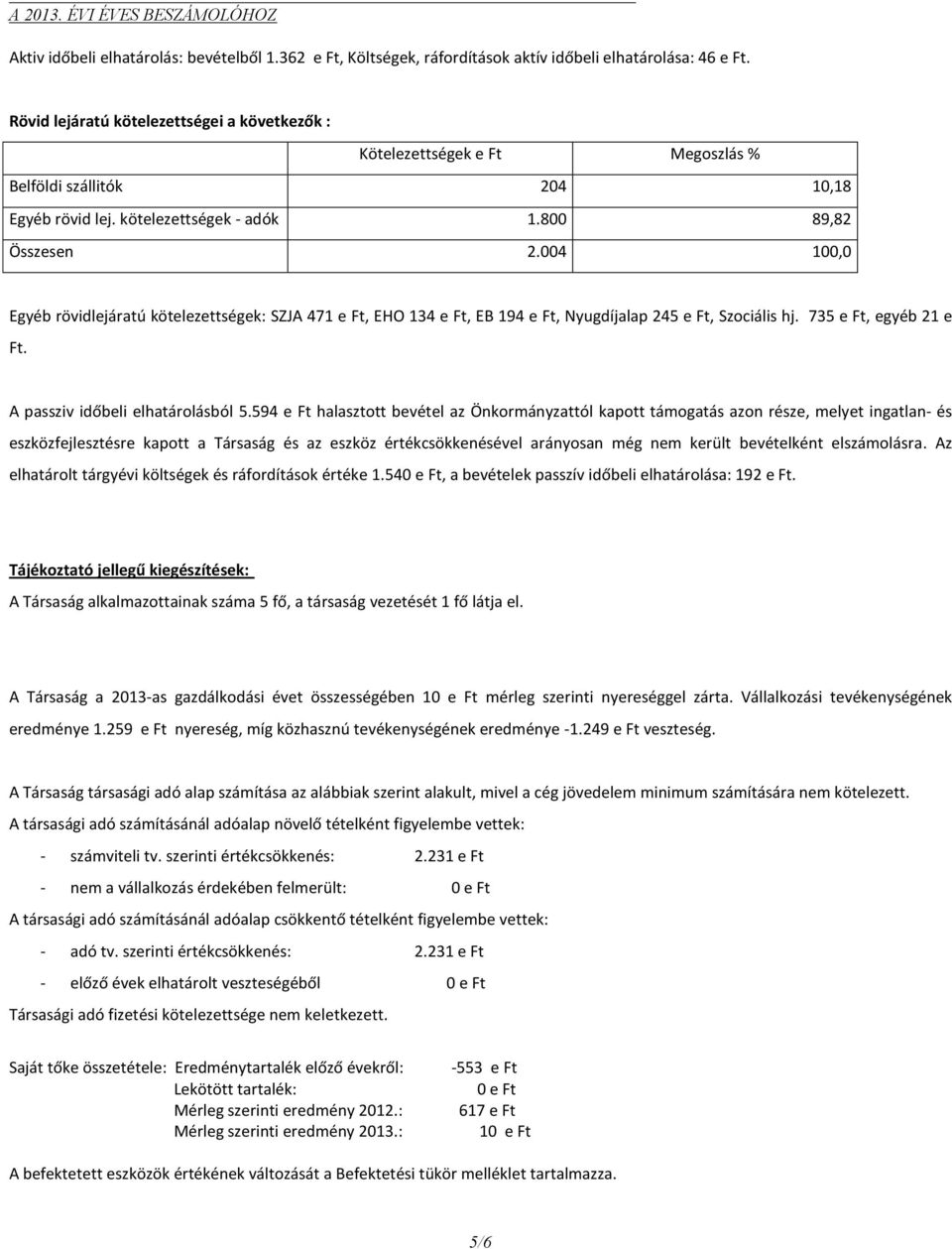 004 100,0 Egyéb rövidlejáratú kötelezettségek: SZJA 471 e Ft, EHO 134 e Ft, EB 194 e Ft, Nyugdíjalap 245 e Ft, Szociális hj. 735 e Ft, egyéb 21 e Ft. A passziv időbeli elhatárolásból 5.