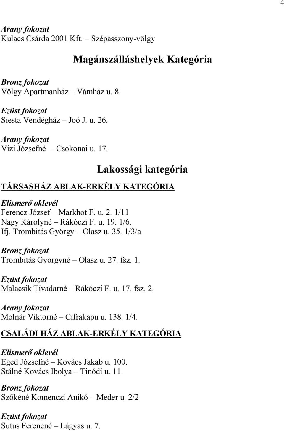 Ifj. Trombitás György Olasz u. 35. 1/3/a Trombitás Györgyné Olasz u. 27. fsz. 1. Malacsik Tivadarné Rákóczi F. u. 17. fsz. 2. Molnár Viktorné Cifrakapu u.