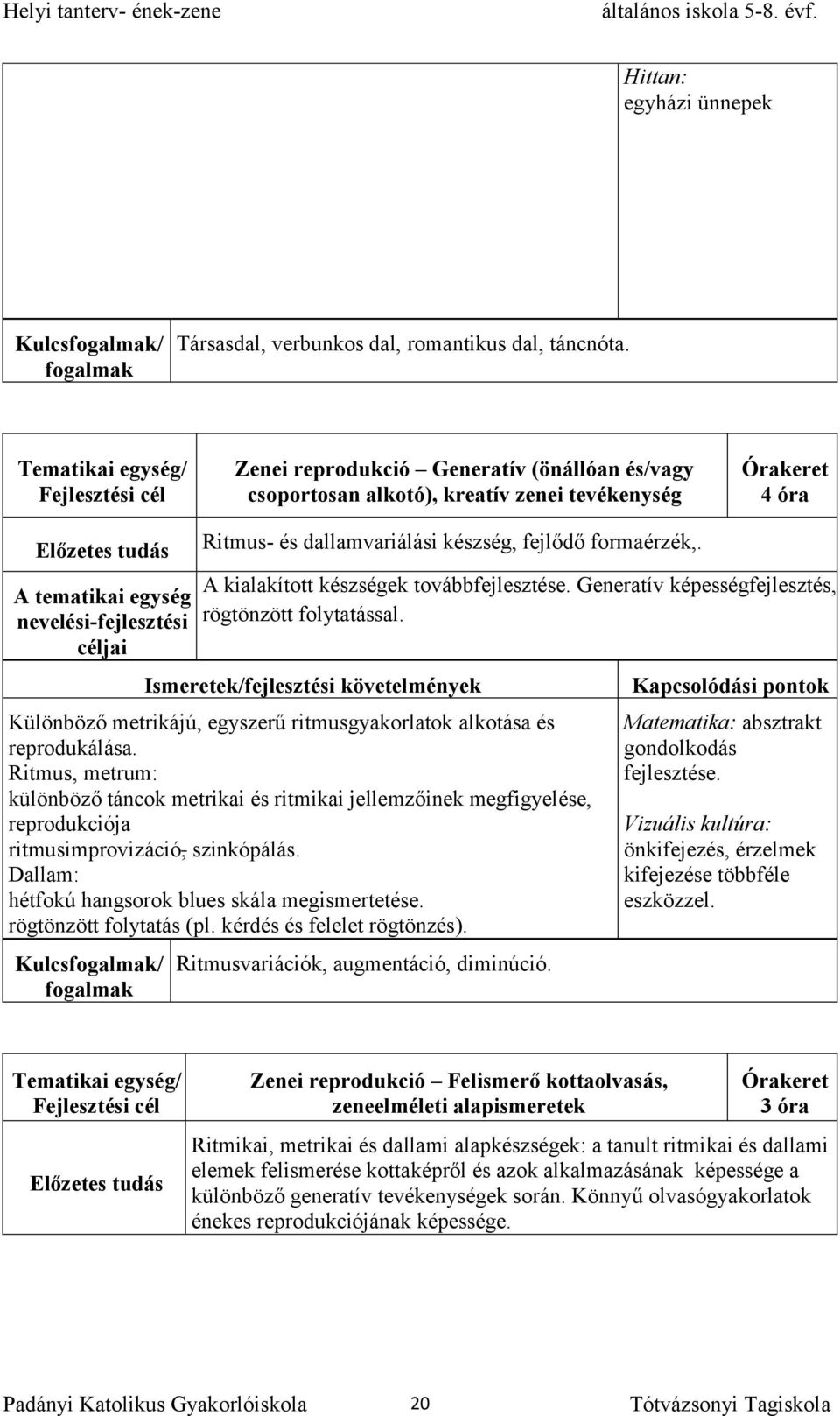 A kialakított készségek továbbfejlesztése. Generatív képességfejlesztés, rögtönzött folytatással. Különböző metrikájú, egyszerű ritmusgyakorlatok alkotása és reprodukálása.