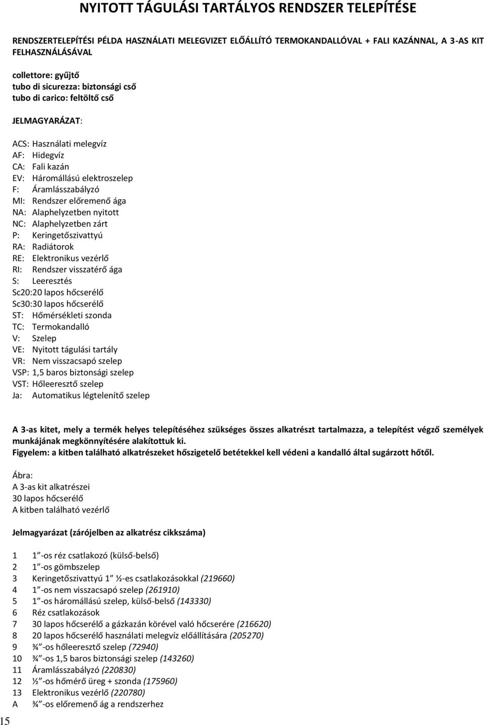 NA: Alaphelyzetben nyitott NC: Alaphelyzetben zárt P: Keringetőszivattyú RA: Radiátorok RE: Elektronikus vezérlő RI: Rendszer visszatérő ága S: Leeresztés Sc20:20 lapos hőcserélő Sc30:30 lapos