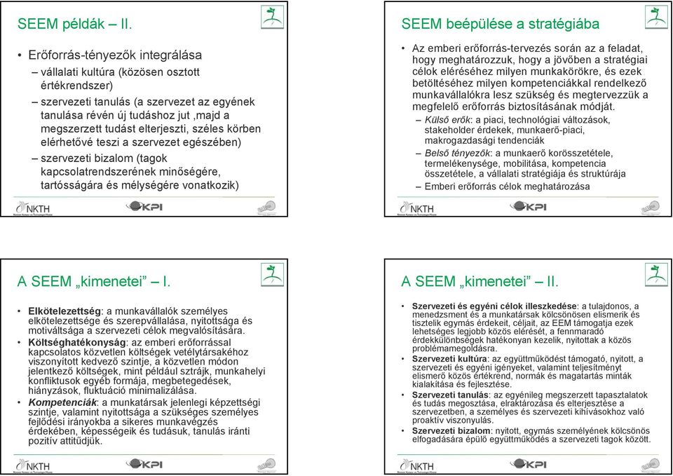 széles körben elérhetővé teszi a szervezet egészében) szervezeti bizalom (tagok kapcsolatrendszerének minőségére, tartósságára és mélységére vonatkozik) SEEM beépülése a stratégiába Az emberi