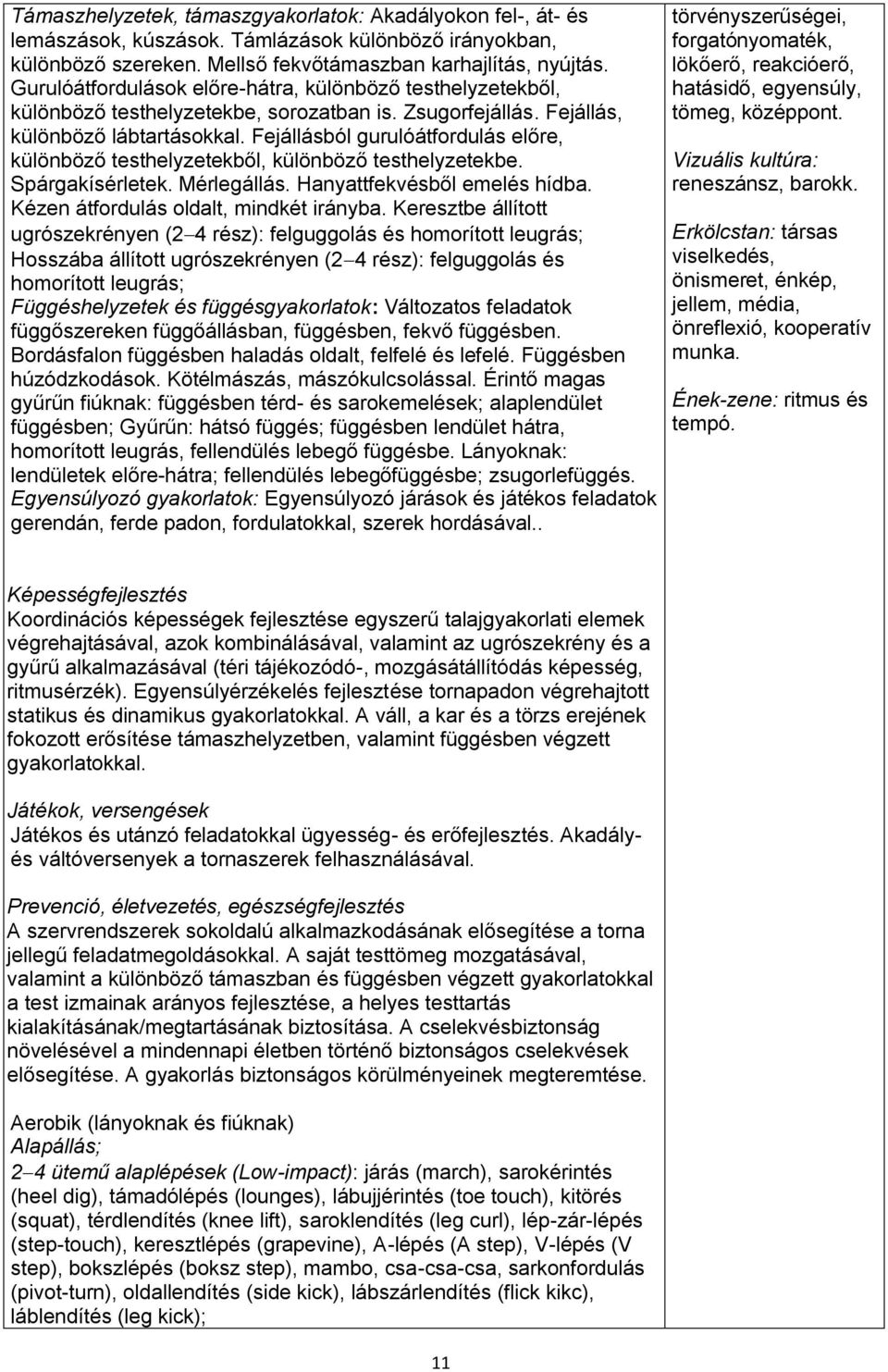 Fejállásból gurulóátfordulás előre, különböző testhelyzetekből, különböző testhelyzetekbe. Spárgakísérletek. Mérlegállás. Hanyattfekvésből emelés hídba. Kézen átfordulás oldalt, mindkét irányba.
