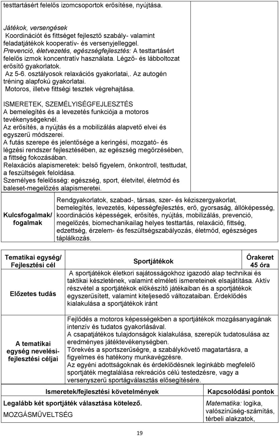 Az autogén tréning alapfokú gyakorlatai. Motoros, illetve fittségi tesztek végrehajtása. ISMERETEK, SZEMÉLYISÉGFEJLESZTÉS A bemelegítés és a levezetés funkciója a motoros tevékenységeknél.