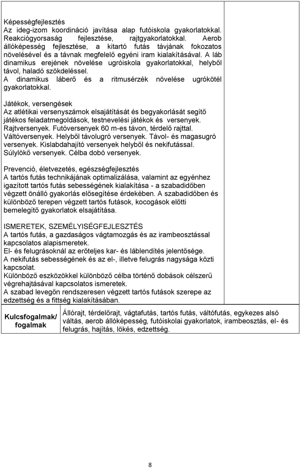 A láb dinamikus erejének növelése ugróiskola gyakorlatokkal, helyből távol, haladó szökdeléssel. A dinamikus láberő és a ritmusérzék növelése ugrókötél gyakorlatokkal.