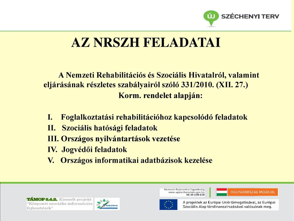 Foglalkoztatási rehabilitációhoz kapcsolódó feladatok II. Szociális hatósági feladatok III.