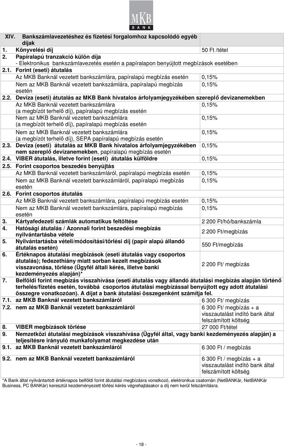 Forint (eseti) átutalás Az MKB Banknál vezetett bankszámlára, papíralapú megbízás esetén 0,15% Nem az MKB Banknál vezetett bankszámlára, papíralapú megbízás 0,15% esetén 2.