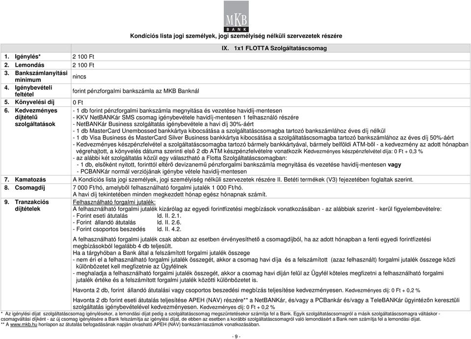 1x1 FLOTTA Szolgáltatáscsomag - 1 db forint pénzforgalmi bankszámla megnyitása és vezetése havidíj-mentesen - KKV NetBANKár SMS csomag igénybevétele havidíj-mentesen 1 felhasználó részére - NetBANKár