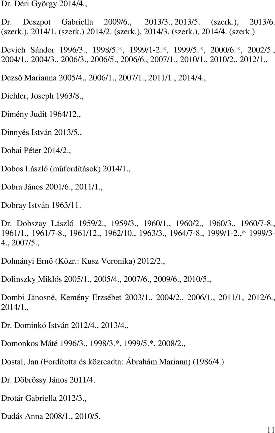 , Dichler, Joseph 1963/8., Dimény Judit 1964/12., Dinnyés István 2013/5., Dobai Péter 2014/2., Dobos László (műfordítások) 2014/1., Dobra János 2001/6., 2011/1., Dobray István 1963/11. Dr.