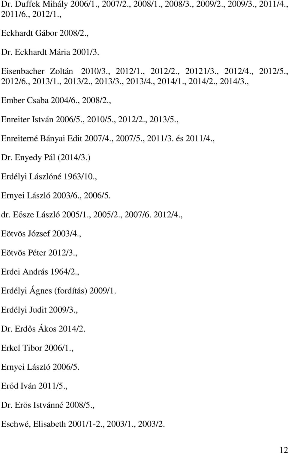 , Enreiterné Bányai Edit 2007/4., 2007/5., 2011/3. és 2011/4., Dr. Enyedy Pál (2014/3.) Erdélyi Lászlóné 1963/10., Ernyei László 2003/6., 2006/5. dr. Eősze László 2005/1., 2005/2., 2007/6. 2012/4.