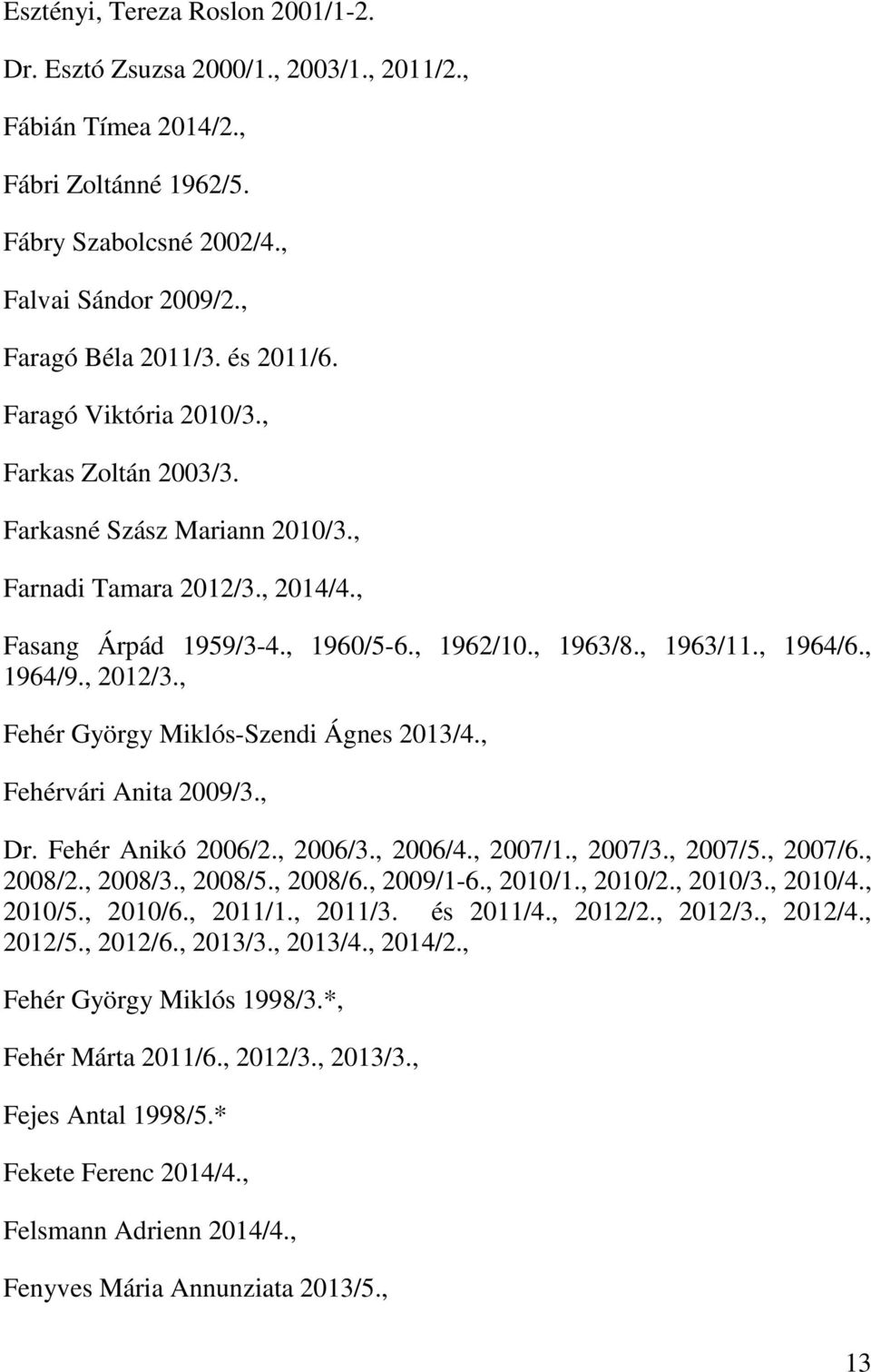 , 1964/9., 2012/3., Fehér György Miklós-Szendi Ágnes 2013/4., Fehérvári Anita 2009/3., Dr. Fehér Anikó 2006/2., 2006/3., 2006/4., 2007/1., 2007/3., 2007/5., 2007/6., 2008/2., 2008/3., 2008/5., 2008/6.