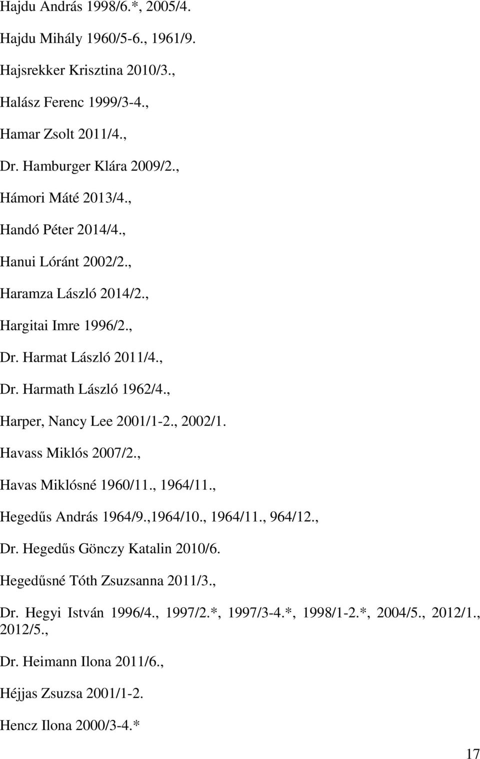 , Harper, Nancy Lee 2001/1-2., 2002/1. Havass Miklós 2007/2., Havas Miklósné 1960/11., 1964/11., Hegedűs András 1964/9.,1964/10., 1964/11., 964/12., Dr.