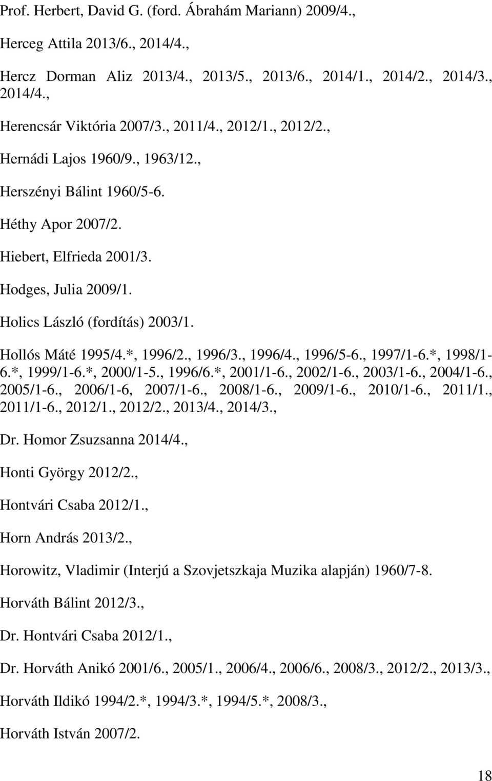 Hollós Máté 1995/4.*, 1996/2., 1996/3., 1996/4., 1996/5-6., 1997/1-6.*, 1998/1-6.*, 1999/1-6.*, 2000/1-5., 1996/6.*, 2001/1-6., 2002/1-6., 2003/1-6., 2004/1-6., 2005/1-6., 2006/1-6, 2007/1-6.