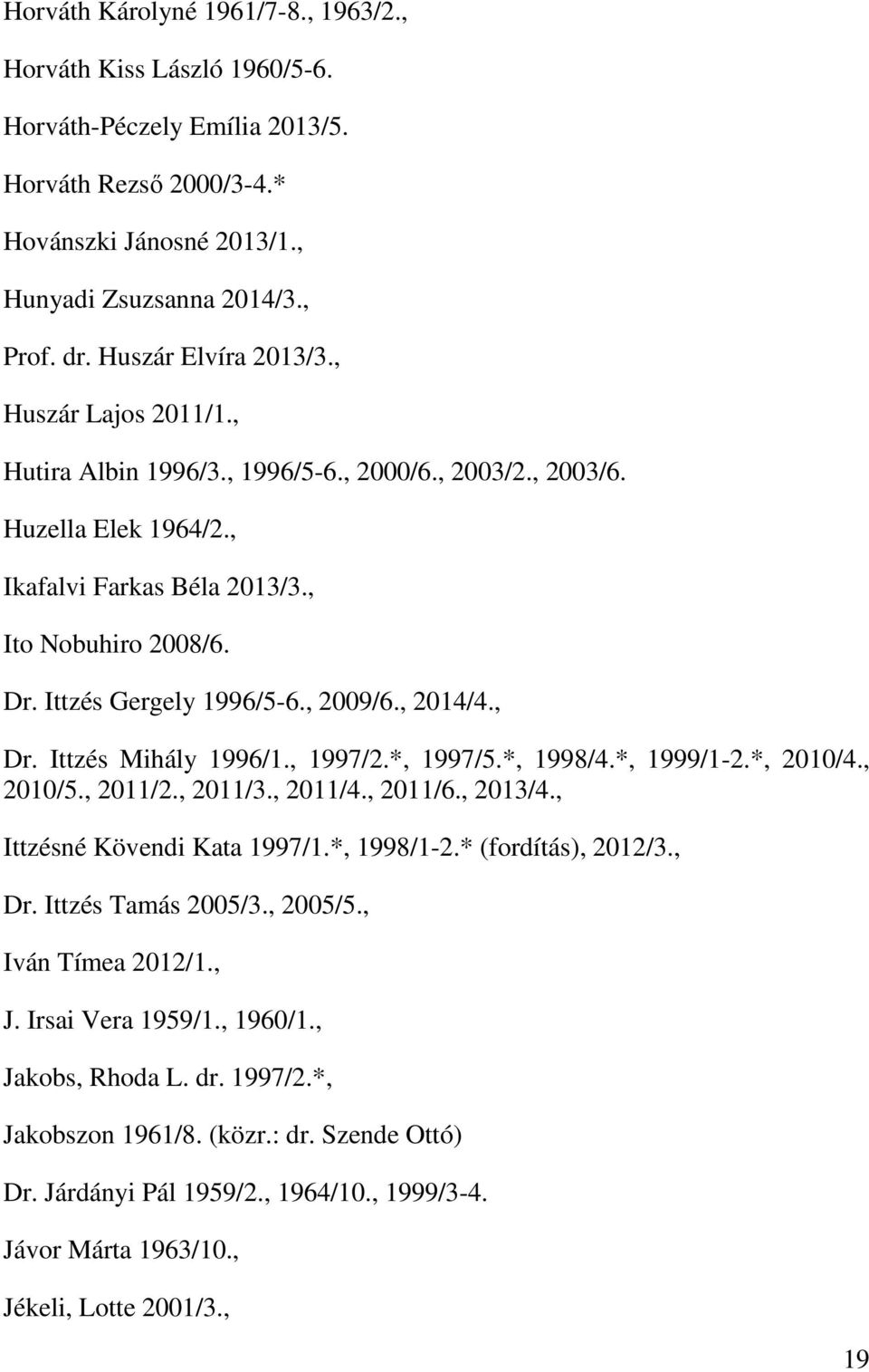 Ittzés Gergely 1996/5-6., 2009/6., 2014/4., Dr. Ittzés Mihály 1996/1., 1997/2.*, 1997/5.*, 1998/4.*, 1999/1-2.*, 2010/4., 2010/5., 2011/2., 2011/3., 2011/4., 2011/6., 2013/4.