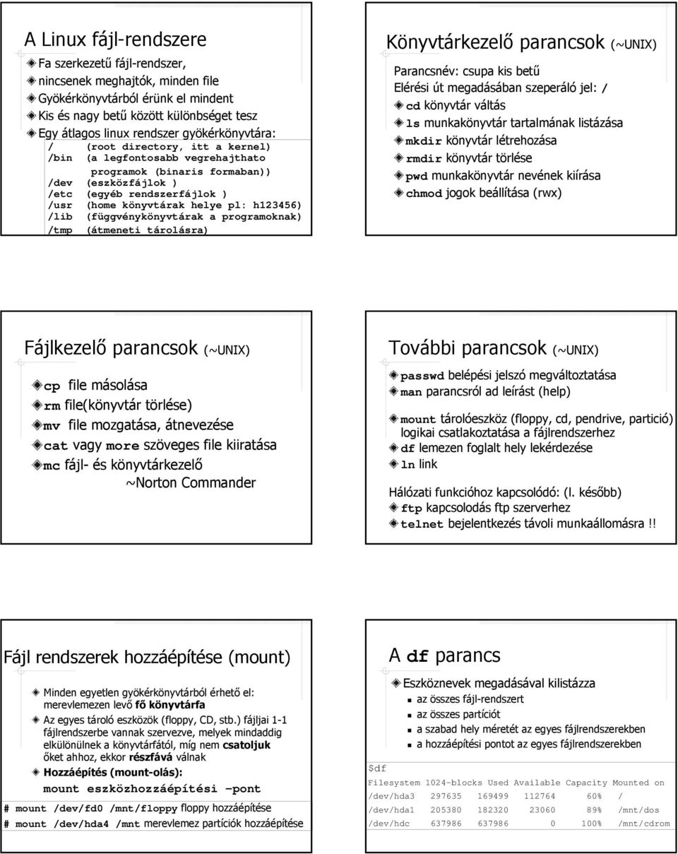 h123456) /lib (függvénykönyvtárak a programoknak) /tmp (átmeneti tárolásra) Könyvtárkezelő parancsok (~UNIX) Parancsnév: csupa kis betű Elérési út megadásában szeperáló jel: / cd könyvtár váltás ls